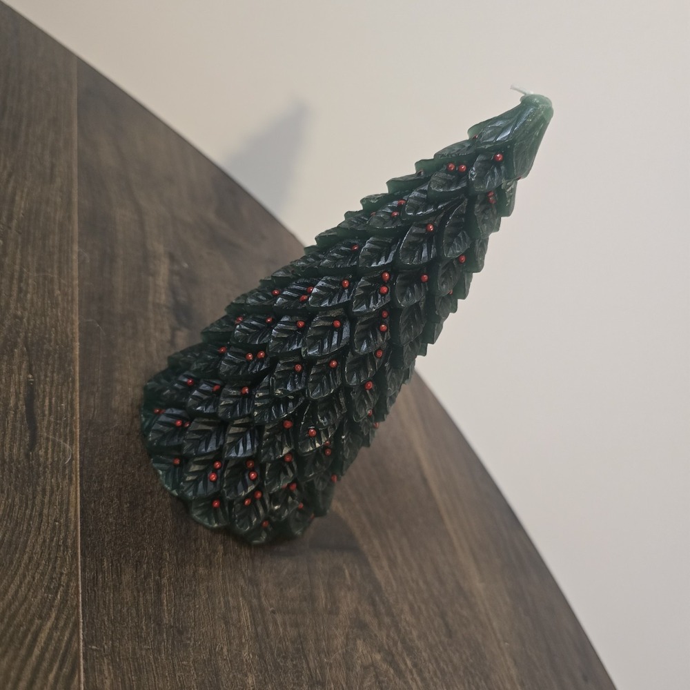 Crate & Barrel Christmas Tree‎ Candle 7" Green Red Berries Holiday Decor